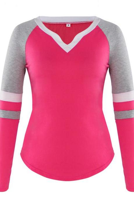  Women Long Sleeve T Shirt Spring Autumn V-Neck Striped Patchwork Casual Slim Plus Size Tops hot pink