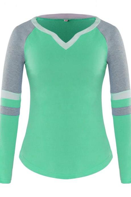  Women Long Sleeve T Shirt Spring Autumn V-Neck Striped Patchwork Casual Slim Plus Size Tops pale green