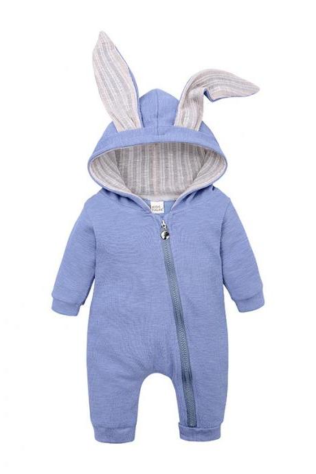 Baby Boys Girls Jumpsuit Long Sleeve Big Ears Bunny Infant Hooded Rompers Kids Clothes Sky Blue