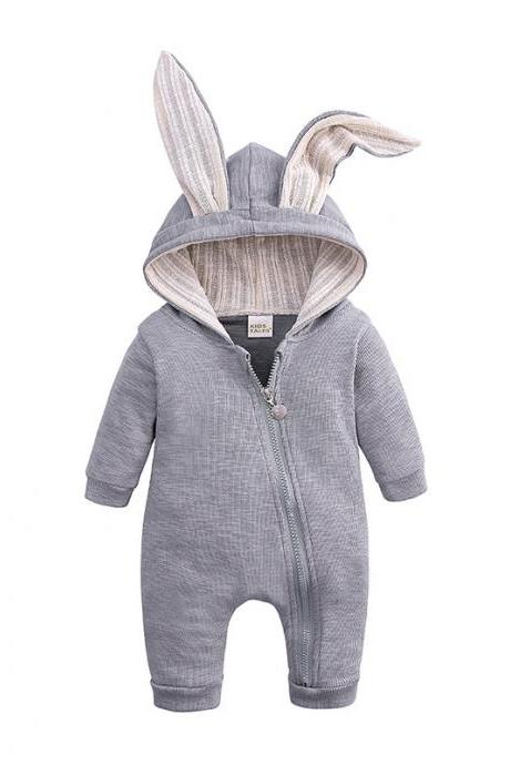 Baby Boys Girls Jumpsuit Long Sleeve Big Ears Bunny Infant Hooded Rompers Kids Clothes gray