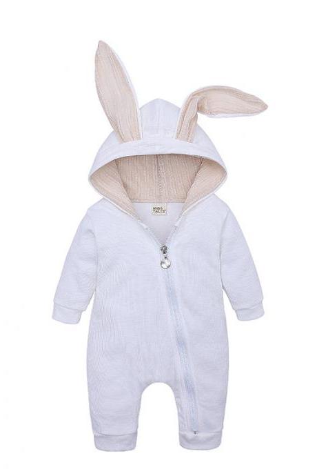 Baby Boys Girls Jumpsuit Long Sleeve Big Ears Bunny Infant Hooded Rompers Kids Clothes off white
