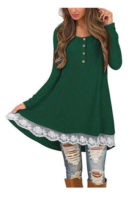 Women Casual Dress Autumn Button Long Sleeve Lace Patchwork Loose Mini Dress Green