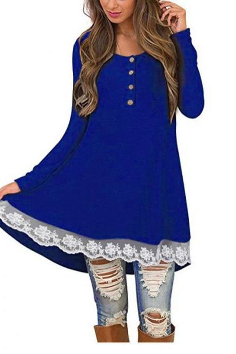 Women Casual Dress Autumn Button Long Sleeve Lace Patchwork Loose Mini Dress Royal Blue