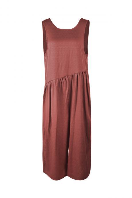 Women Jumpsuit Sexy Summer Sleeveless Backless Pocket Casual Loose Wide Leg Rompers Earth red