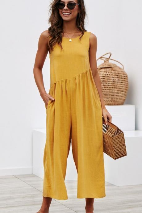 Women Jumpsuit Sexy Summer Sleeveless Backless Pocket Casual Loose Wide Leg Rompers yellow