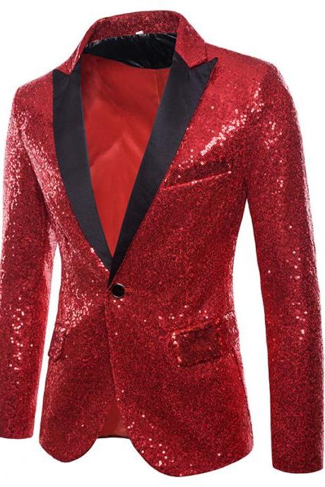 Men Sequined Blazer Coat Stage Performer Formal Host Suit Bridegroom Tuxedos Prom Wedding Groom Jacket red