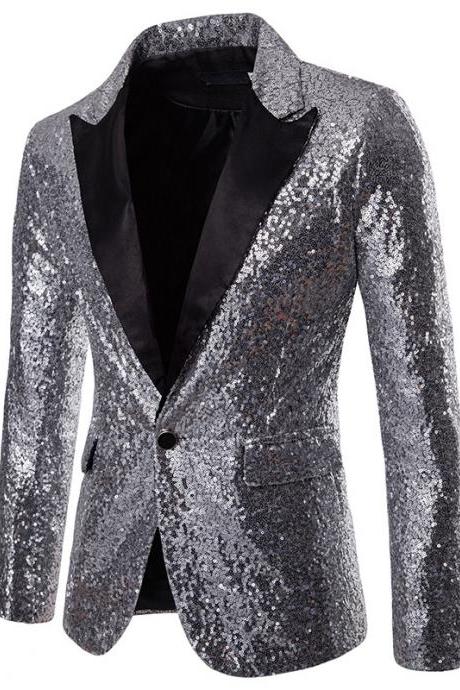 Men Sequined Blazer Coat Stage Performer Formal Host Suit Bridegroom Tuxedos Prom Wedding Groom Jacket Silver