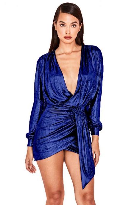  Women Metallic Asymmetrical Wrap Dress V Neck Long Sleeve Bodycon Mini Club Party Dress royal blue