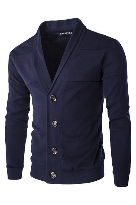 Men Cardigan Spring Autumn Single Breasted Long Sleeve Slim Fit Casual Sweater Coat navy blue