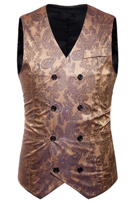 Men Floral Printed Waistcoat Double Breasted Vest Slim Sleeveless Casual Business Formal Suit Coat gold 