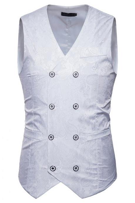 Men Floral Printed Waistcoat Double Breasted Vest Slim Sleeveless Casual Business Formal Suit Coat off white