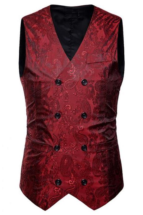 Men Floral Printed Waistcoat Double Breasted Vest Slim Sleeveless Casual Business Formal Suit Coat red