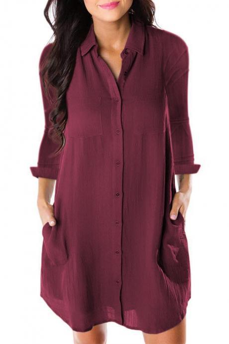  Women Shirt Dress Autumn Spring Long Sleeve Pockets Buttons Loose Mini Casual Dress wine red