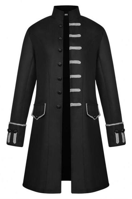 Men Uniform Trench Coat Vintage Steampunk Punk Middle Ages Long Sleeve Jacket Outwear black