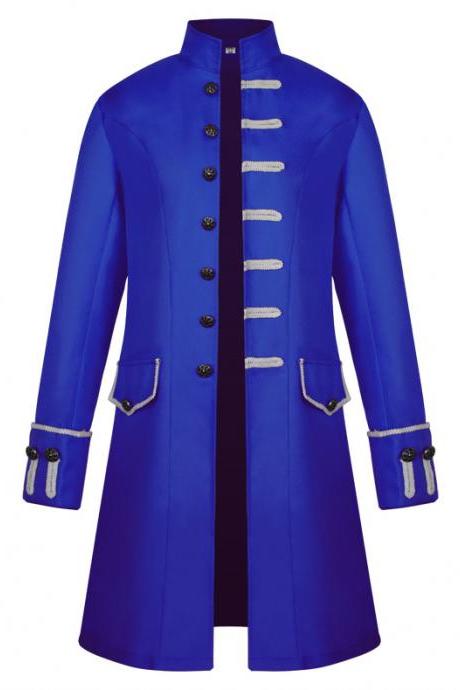 Men Uniform Trench Coat Vintage Steampunk Punk Middle Ages Long Sleeve Jacket Outwear blue