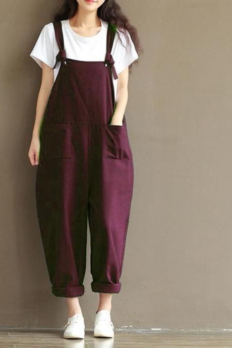 Women Suspender Pants Plus Size Casual Loose Cotton Trousers Long Overalls Rompers dark red