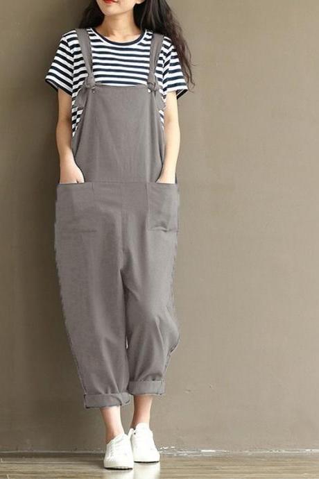 Women Suspender Pants Plus Size Casual Loose Cotton Trousers Long Overalls Rompers gray
