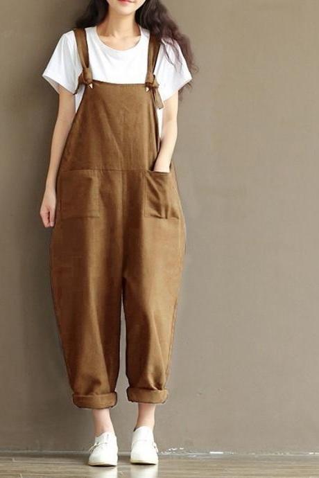 Women Suspender Pants Plus Size Casual Loose Cotton Trousers Long Overalls Rompers Khaki