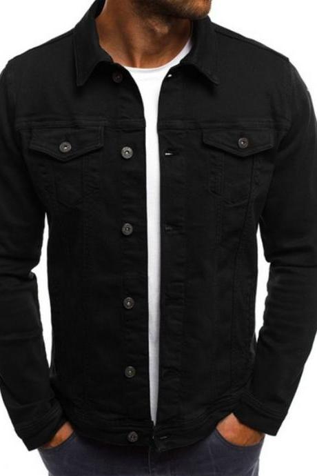 Men Jacket Spring Autumn Long Sleeve Button Pocket Causal Slim Fit Coat black