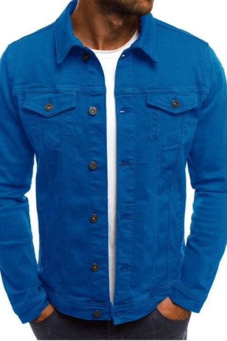  Men Jacket Spring Autumn Long Sleeve Button Pocket Causal Slim Fit Coat blue