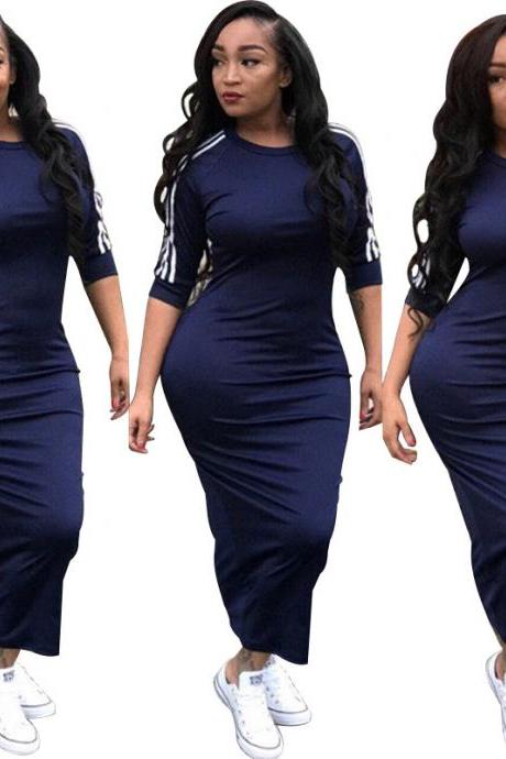 Women Maxi Dress Half Sleeve Striped Patchwork Casual Streetwear Bodycon Long Dress navy blue