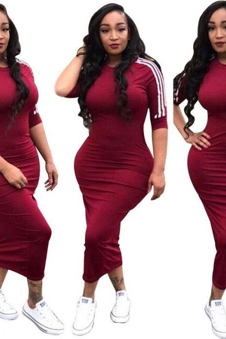  Women Maxi Dress Half Sleeve Striped Patchwork Casual Streetwear Bodycon Long Dress wine red