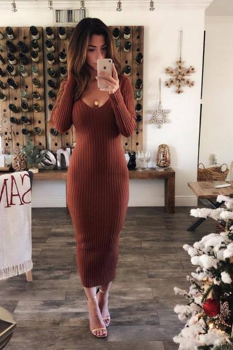  Women Knitted Maxi Dress Autumn Winter Long Sleeve V Neck Slim Casual Bodycon Long Pencil Dress brown