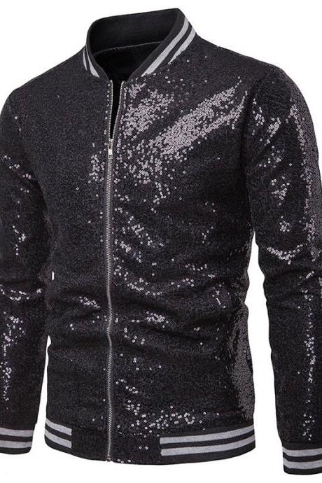 Men Sequined Jacket Glitter Long Sleeve Zipper Stand Collar Casual Nightclub Prom Stage Coat black