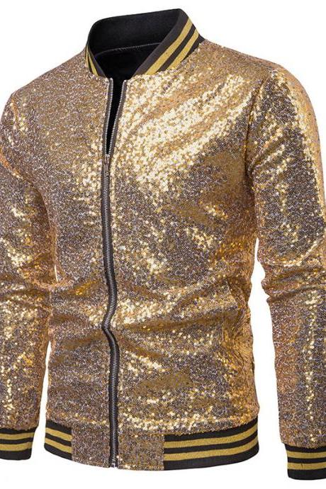 Men Sequined Jacket Glitter Long Sleeve Zipper Stand Collar Casual Nightclub Prom Stage Coat gold