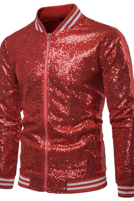  Men Sequined Jacket Glitter Long Sleeve Zipper Stand Collar Casual Nightclub Prom Stage Coat red