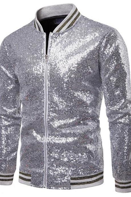 Men Sequined Jacket Glitter Long Sleeve Zipper Stand Collar Casual Nightclub Prom Stage Coat Silver
