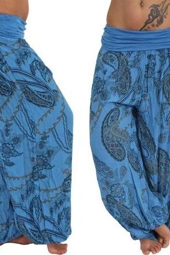 Women Floral Printed Wide Leg Pants Boho Casual Loose Vintage Plus Size Long Harem Trousers Blue