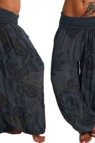  Women Floral Printed Wide Leg Pants Boho Casual Loose Vintage Plus Size Long Harem Trousers dark gay