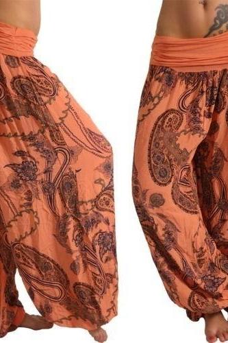Women Floral Printed Wide Leg Pants Boho Casual Loose Vintage Plus Size Long Harem Trousers orange