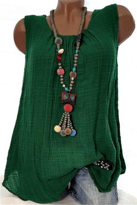 Women Sleeveless T Shirt O Neck Cotton Linen Casual Loose Plus Size Summer Vest Tops Green