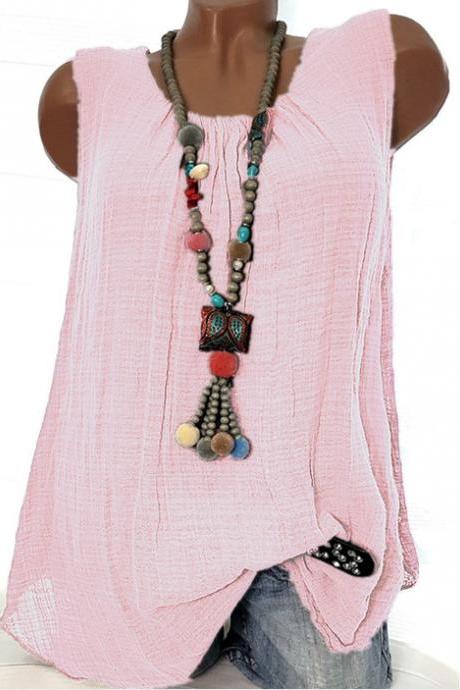 Women Sleeveless T Shirt O Neck Cotton Linen Casual Loose Plus Size Summer Vest Tops pink