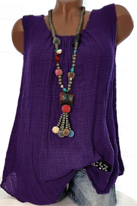 Women Sleeveless T Shirt O Neck Cotton Linen Casual Loose Plus Size Summer Vest Tops purple