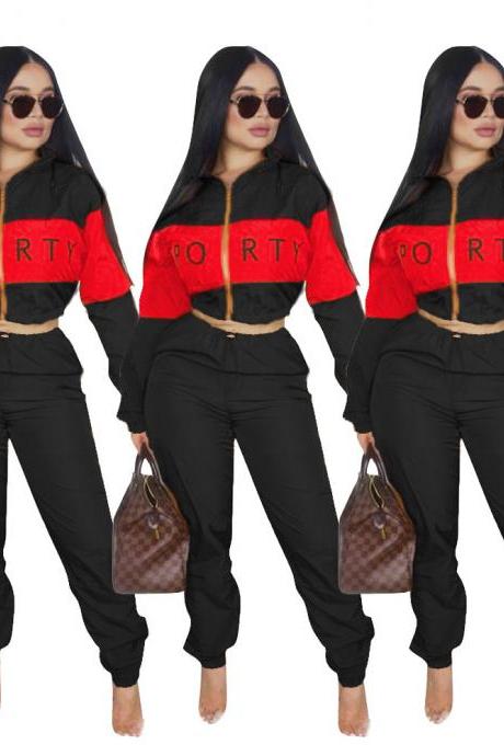Women Tracksuit Letter Printed Patchwork Long Sleeve Top+Pants Casual Two Pieces Set Outfits black