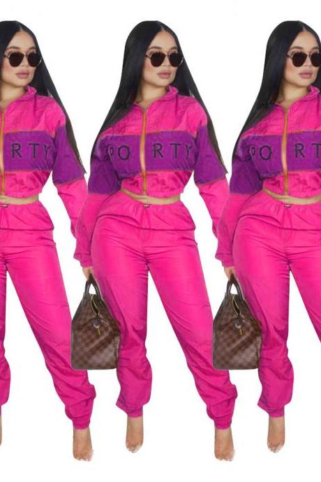 Women Tracksuit Letter Printed Patchwork Long Sleeve Top+Pants Casual Two Pieces Set Outfits hot pink