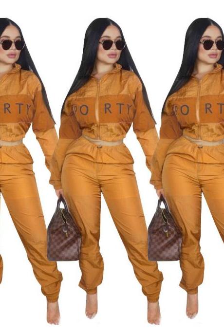 Women Tracksuit Letter Printed Patchwork Long Sleeve Top+Pants Casual Two Pieces Set Outfits orange