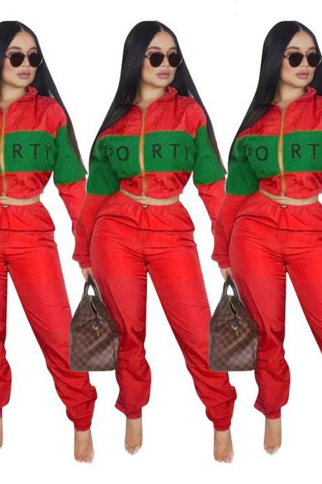  Women Tracksuit Letter Printed Patchwork Long Sleeve Top+Pants Casual Two Pieces Set Outfits red