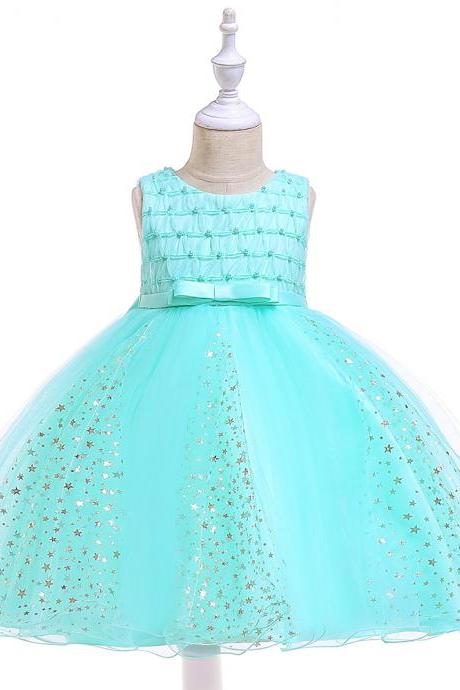  Shining Stars Flower Girl Dress Princess Wedding Party Birthday Ball Gown Children Kids Clothes aqua