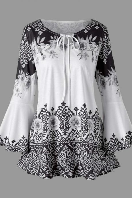 Women Floral Printed T Shirt Spring Autumn Long Flare Sleeve Casual Loose Plus Size Tops Blouse Black