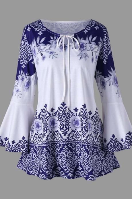 Women Floral Printed T Shirt Spring Autumn Long Flare Sleeve Casual Loose Plus Size Tops Blouse Blue