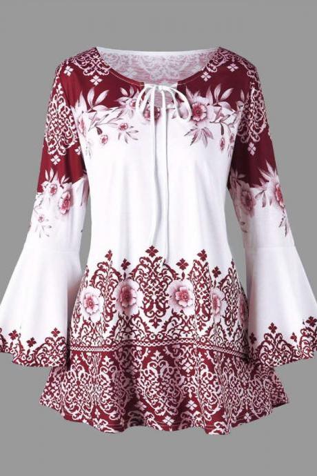 Women Floral Printed T Shirt Spring Autumn Long Flare Sleeve Casual Loose Plus Size Tops Blouse