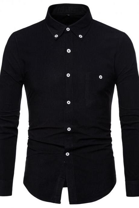  Men Shirt Spring Autumn Corduroy Long Sleeve Single Breasted Casual Slim Fit Plus Size Shirt black