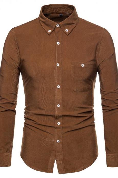  Men Shirt Spring Autumn Corduroy Long Sleeve Single Breasted Casual Slim Fit Plus Size Shirt brown 