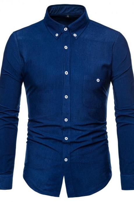  Men Shirt Spring Autumn Corduroy Long Sleeve Single Breasted Casual Slim Fit Plus Size Shirt jeans blue