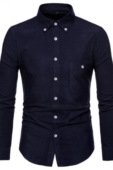Men Shirt Spring Autumn Corduroy Long Sleeve Single Breasted Casual Slim Fit Plus Size Shirt navy blue