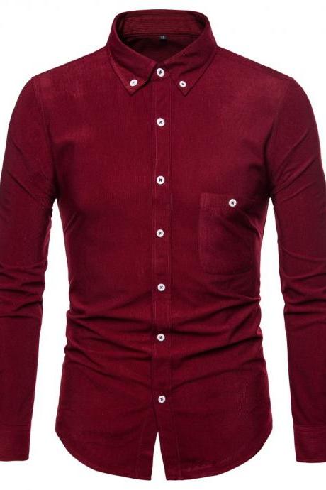  Men Shirt Spring Autumn Corduroy Long Sleeve Single Breasted Casual Slim Fit Plus Size Shirt wine red